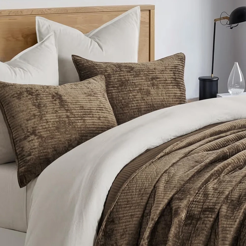 🆕 PB Style King 3 Piece Velvet Quilt Coverlet Set Chocolate Brown Luxe Soft NEW